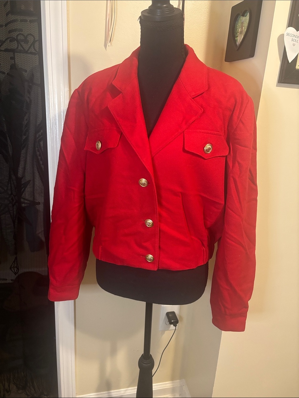 bill blass Red Cropped Blazer with Gold Buttons